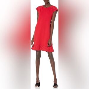 Tommy Hilfiger Scarlet Red Pique Eyelet Flounce Hem Cap Short Sleeve Dress XL